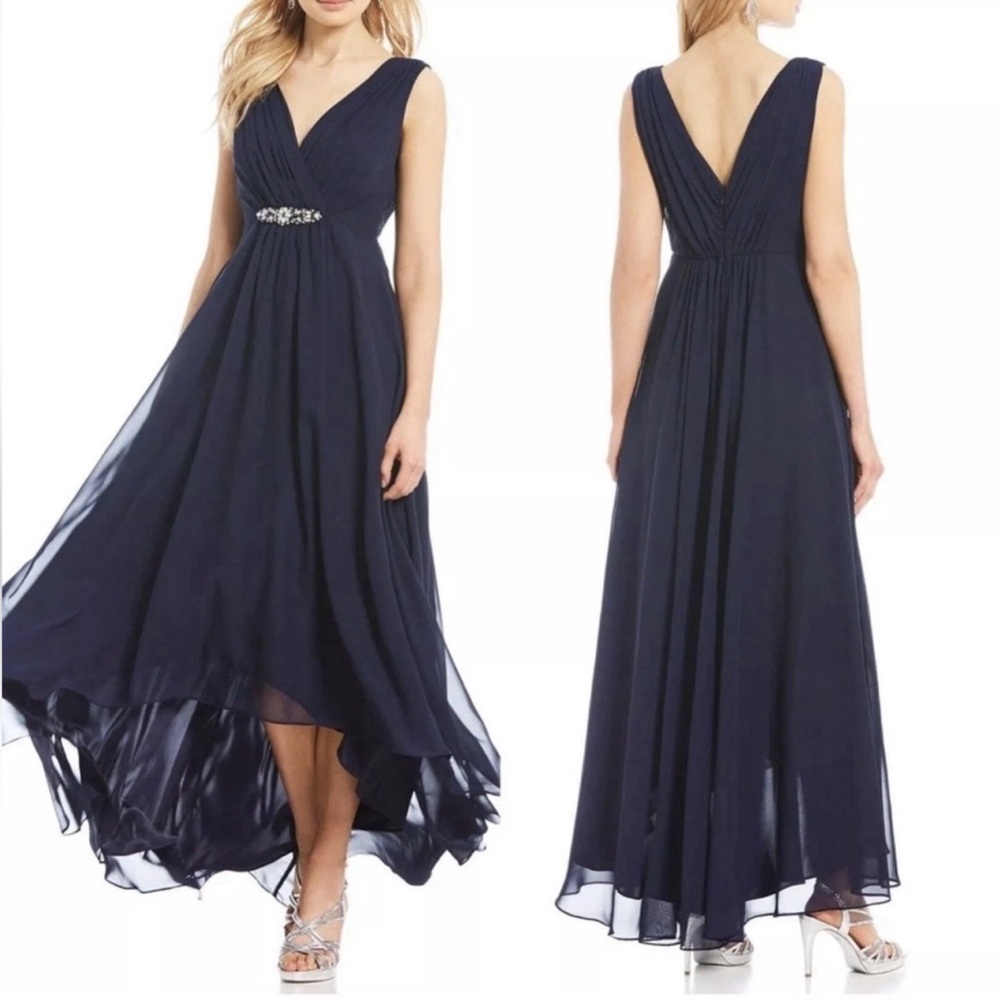 Eliza J Embellished High/Low Chiffon Dress Size 10 Navy Blue‎ Sleeveless V-Neck